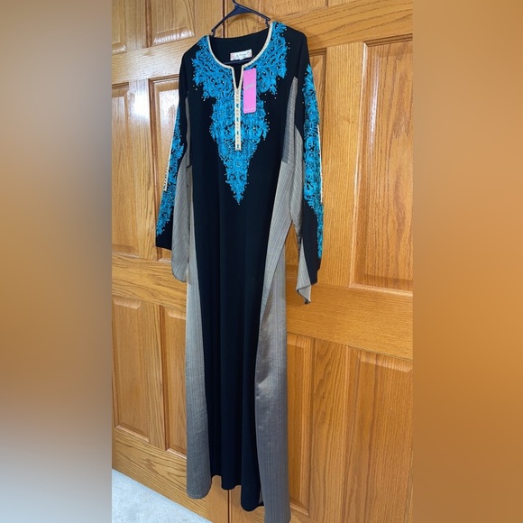 Middle Eastern Dress Abaya Kaftan Plus Size 2X-3X Black Blue Embroidery Beaded - Picture 4 of 7